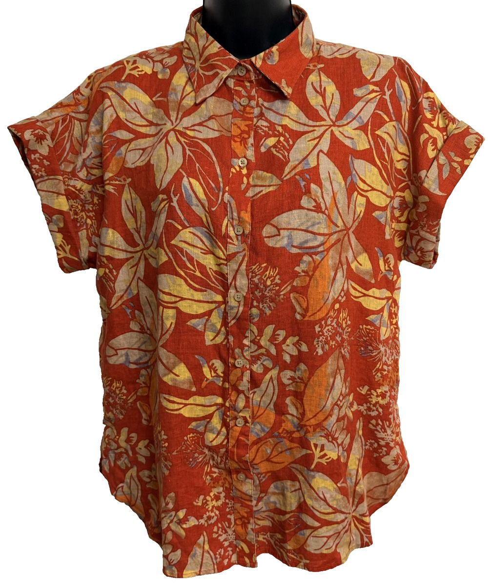 Lauren Ralph Lauren Button Up Shirt Womens M Rust Red Floral Short Sleeve NEW